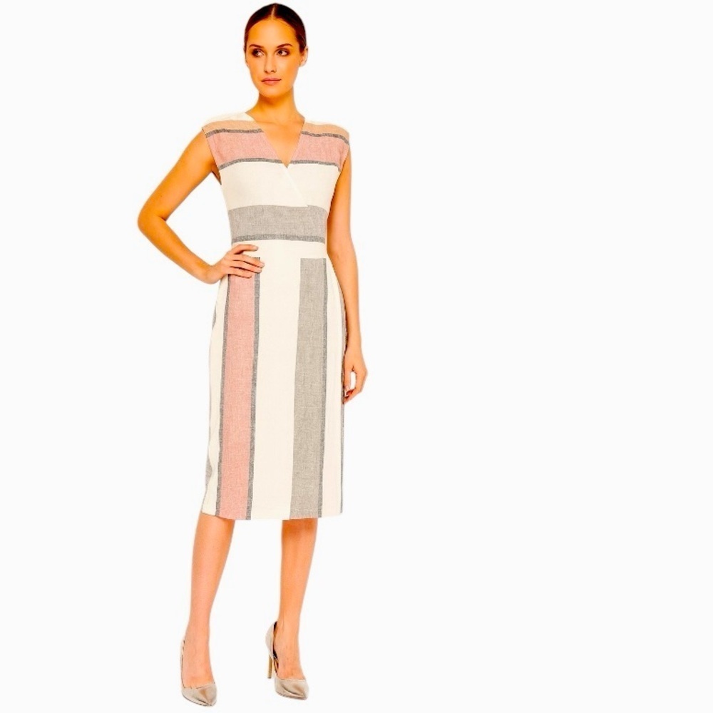 Eve Gravel Neutral Multi Linen Blend Preppy Lagenlook Striped Wrap Dress Size S